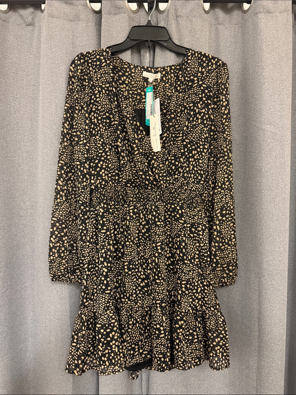 nine britton Black and Beige Long-Sleeve Printed Wrap Dress